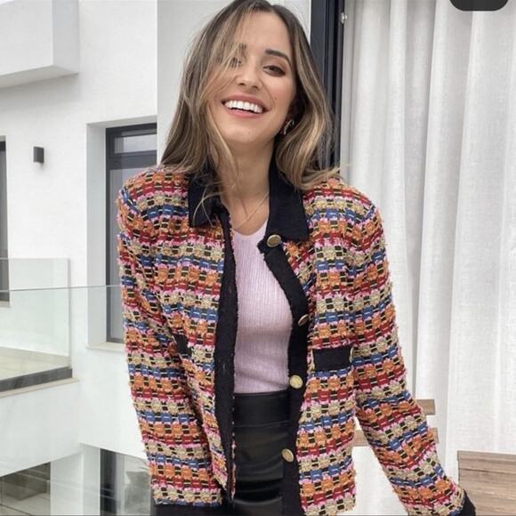 Zara Blogger Limited Edition Textured Tweed Multi Color Blazer Jacket. - Picture 6 of 16